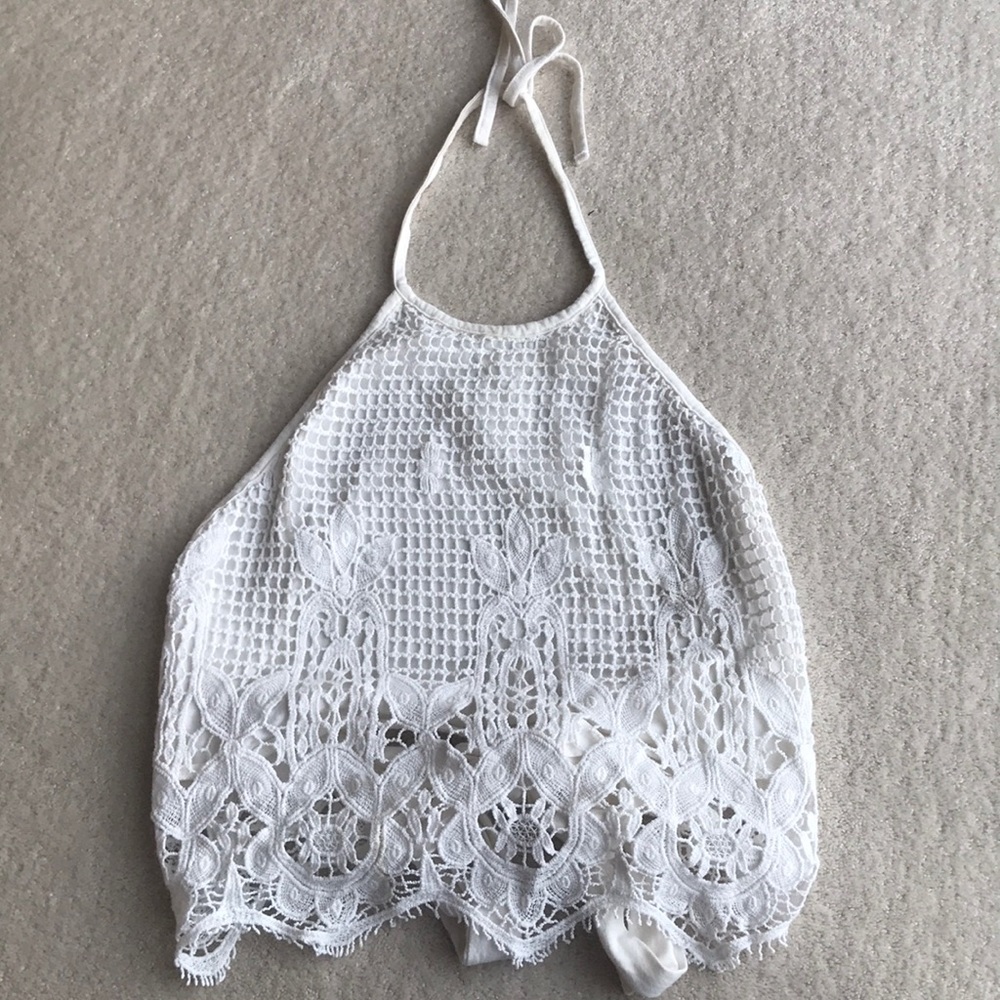 Express white lace open back halter top